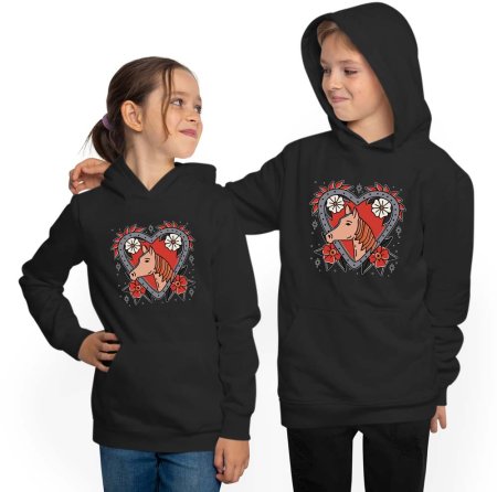 Horse Hoodie Kids Hooded Sweater - red heart with horse head i137